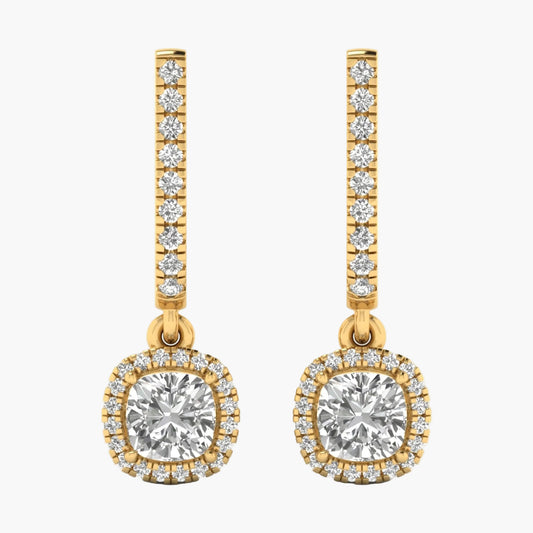 Gold earrings with clear gemstones on a white background, branded 'Green Lab'.