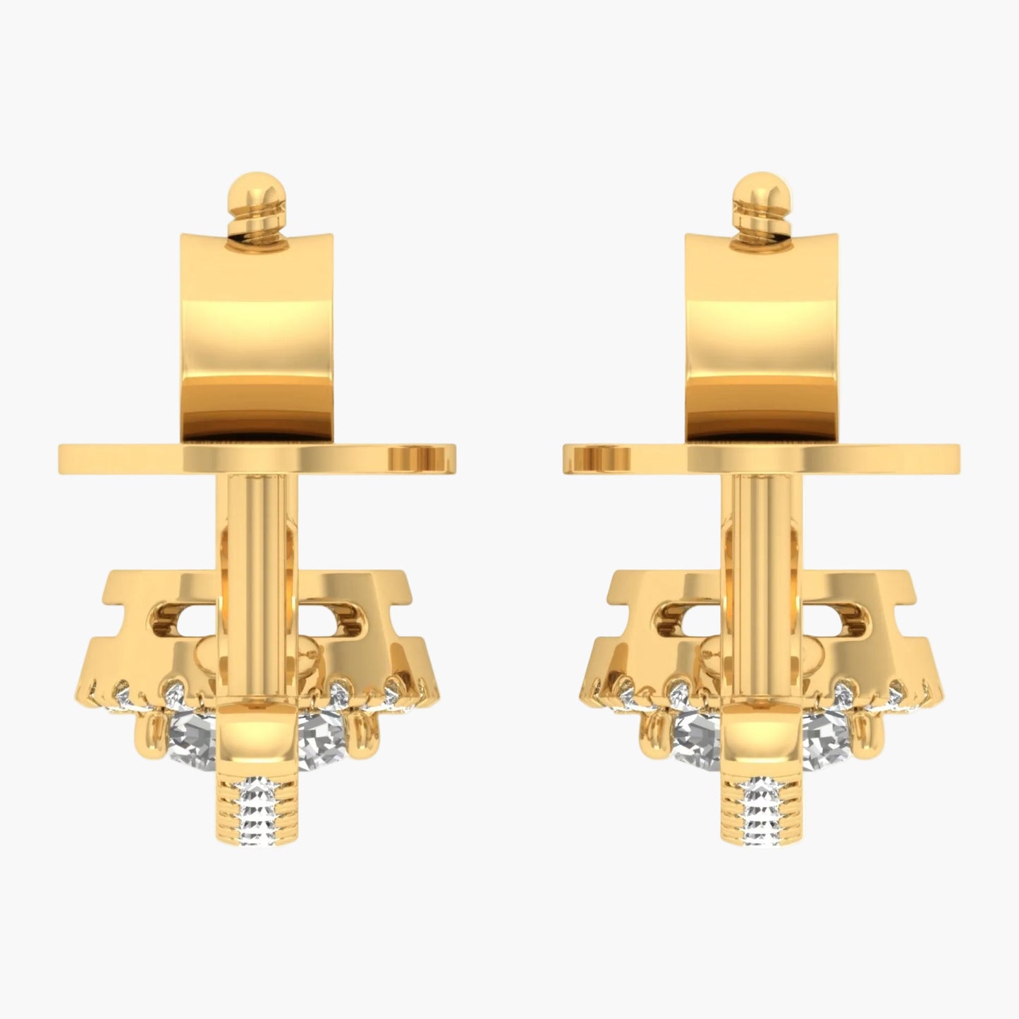 Gold earrings with gemstones on a white background, branded 'Green Lab'.