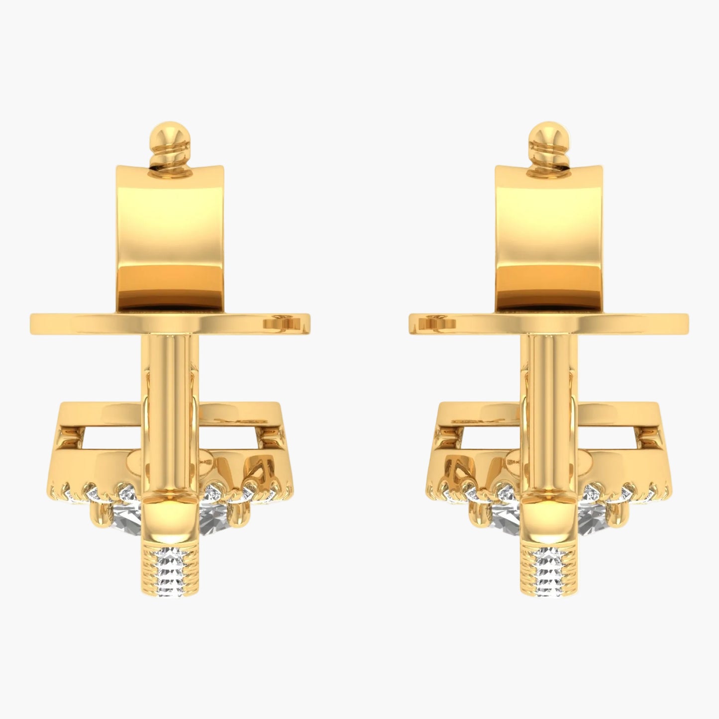 Gold cufflinks with diamond accents on a white background