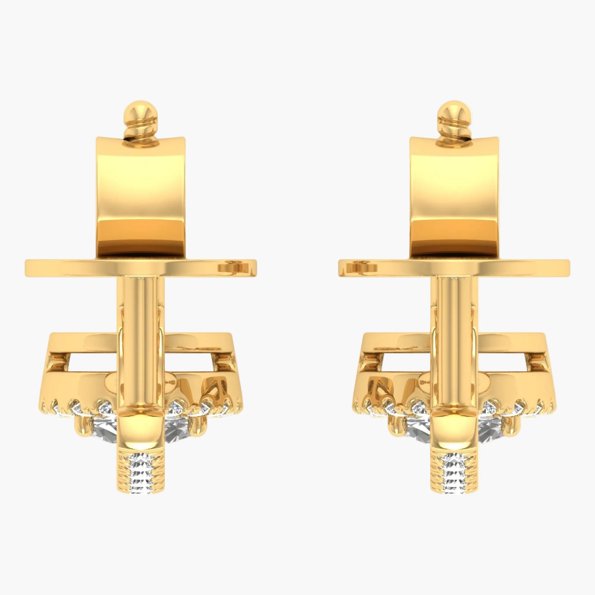 Gold cufflinks with diamond accents on a white background