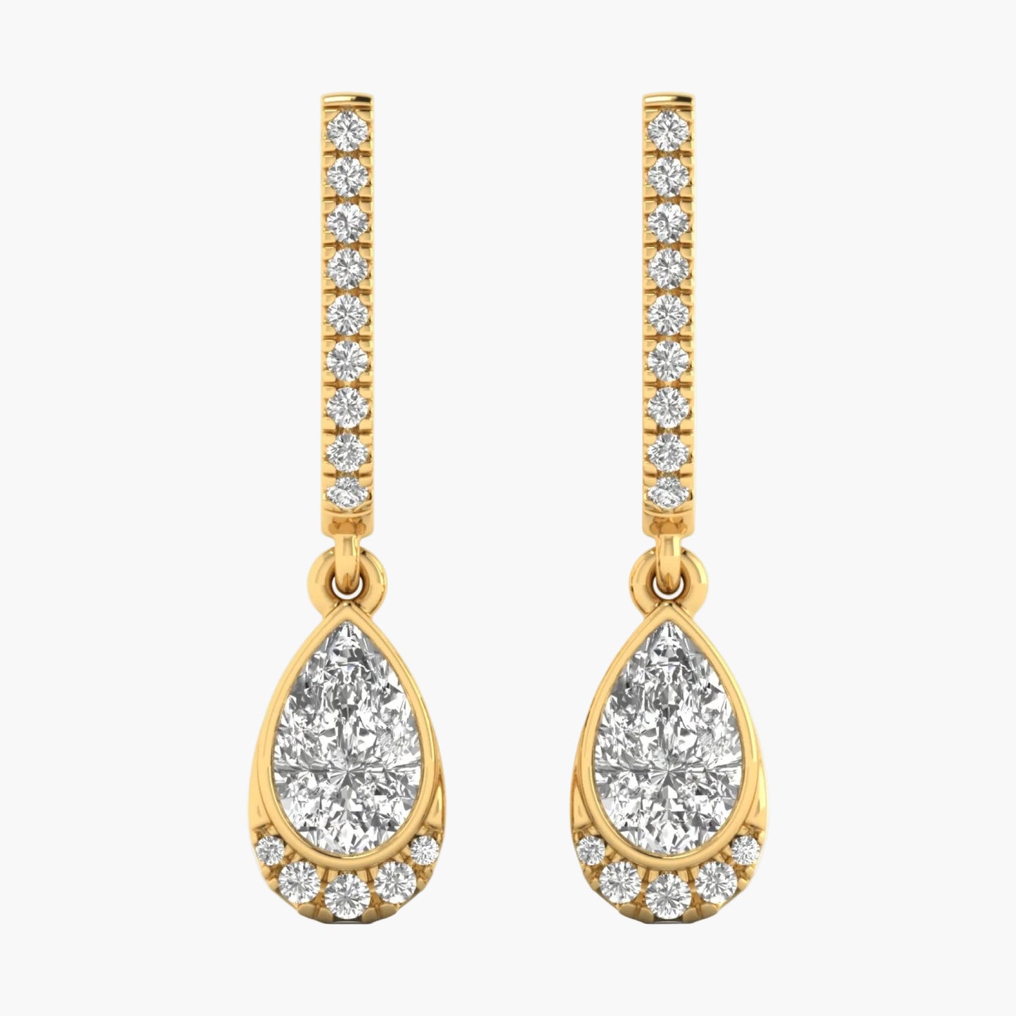 Gold teardrop earrings with clear gemstones on a white background