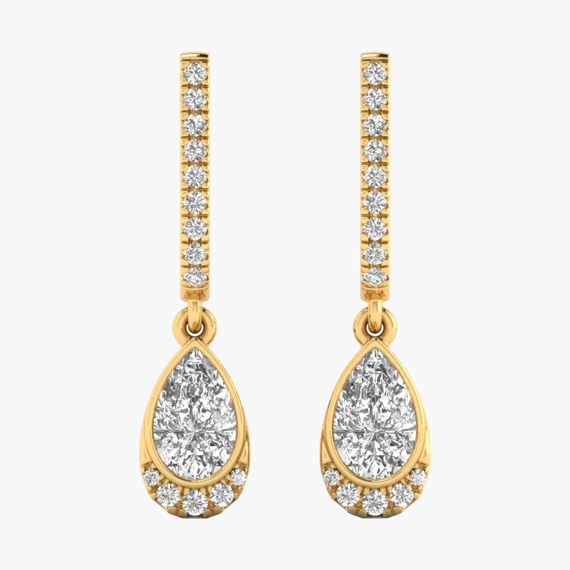 Gold teardrop earrings with clear gemstones on a white background