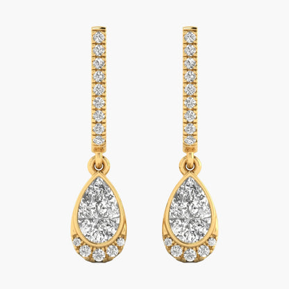 Gold teardrop earrings with clear gemstones on a white background