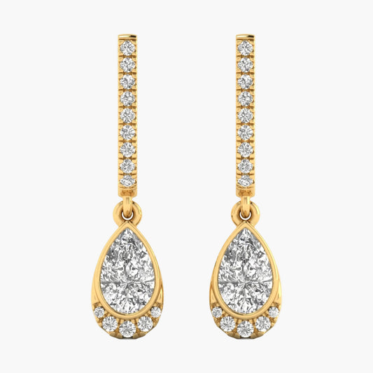 Gold teardrop earrings with clear gemstones on a white background