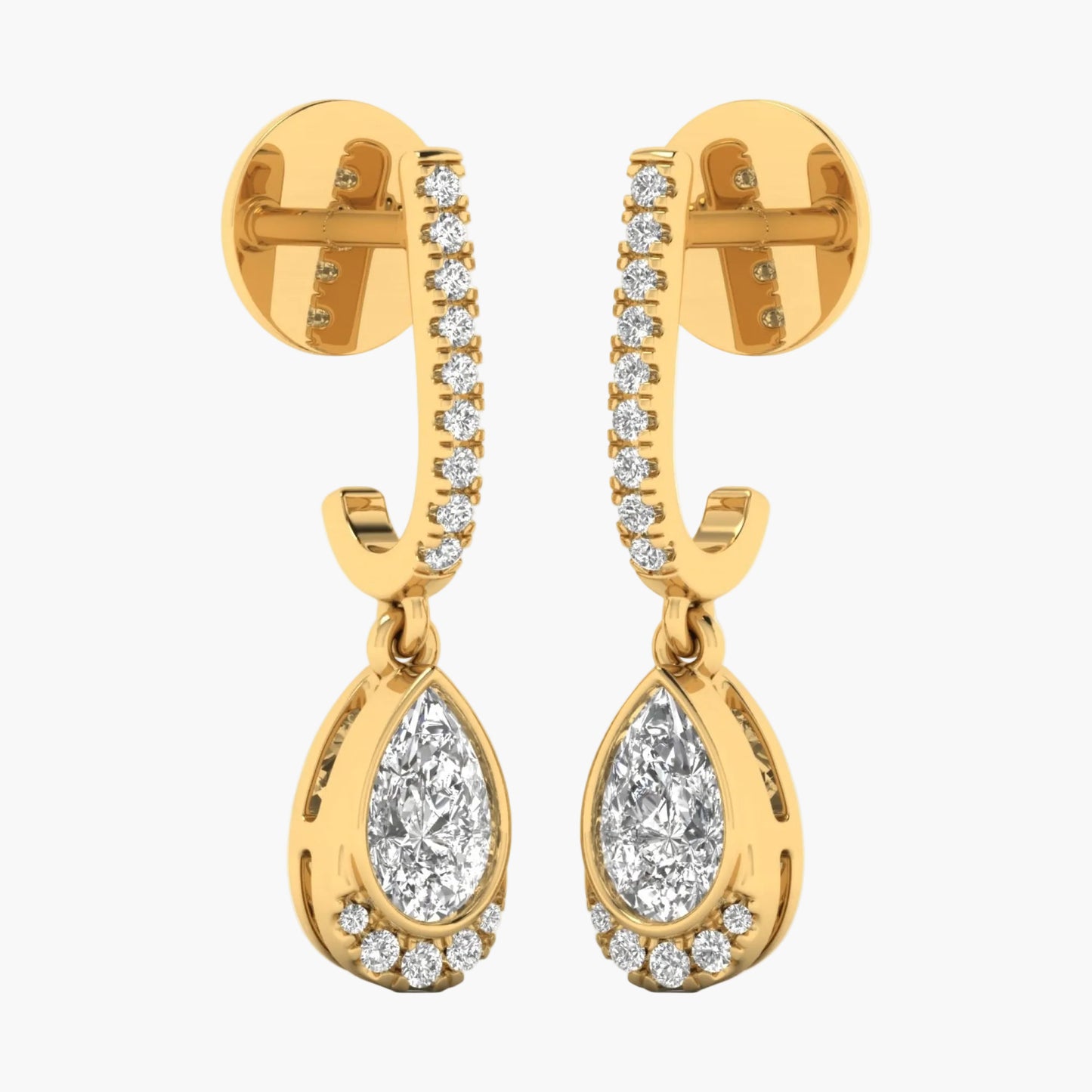 Gold earrings with teardrop-shaped diamonds on a white background