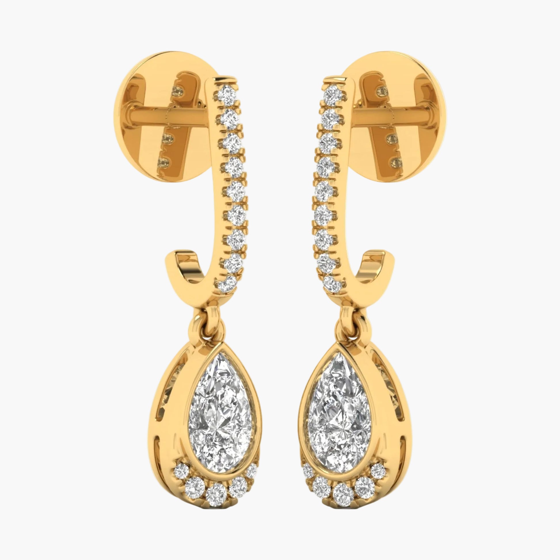 Gold earrings with teardrop-shaped diamonds on a white background