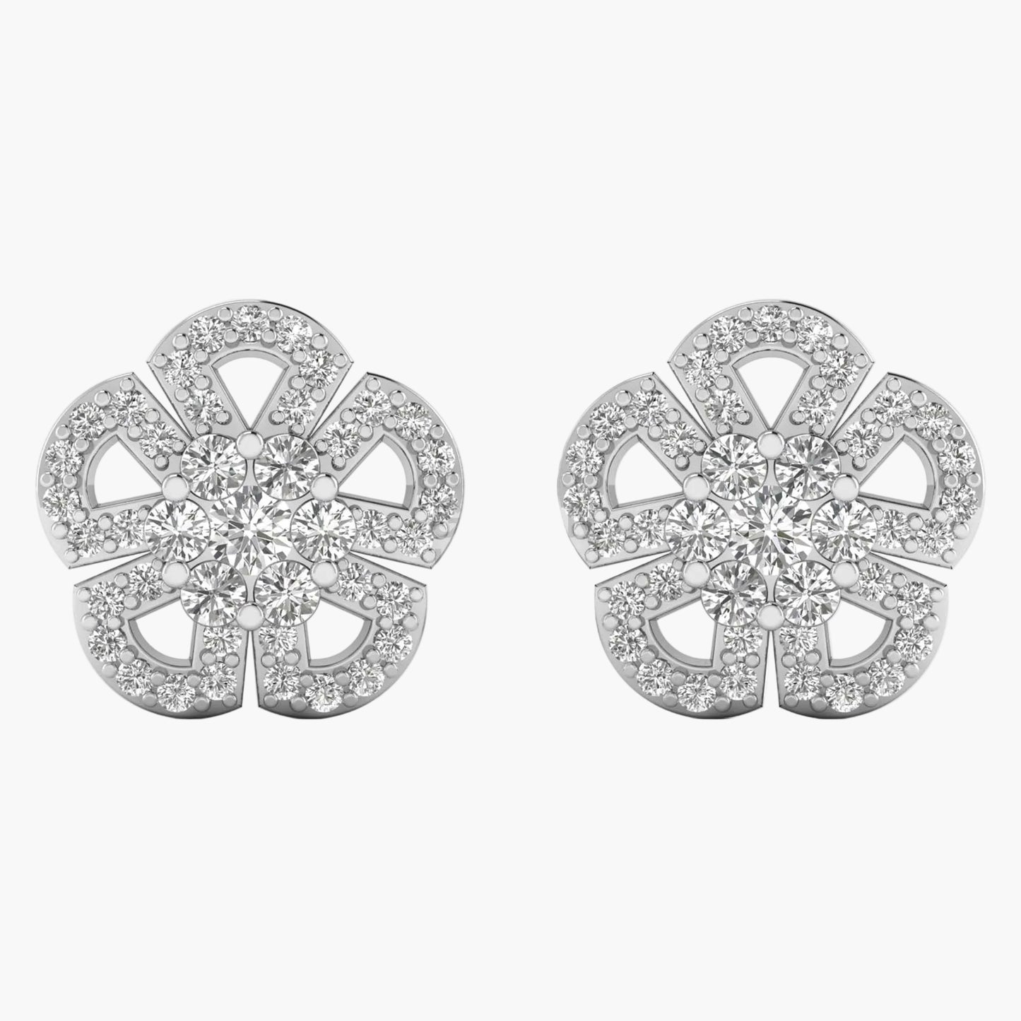 Pair of silver earrings with diamond-like stones on a white background