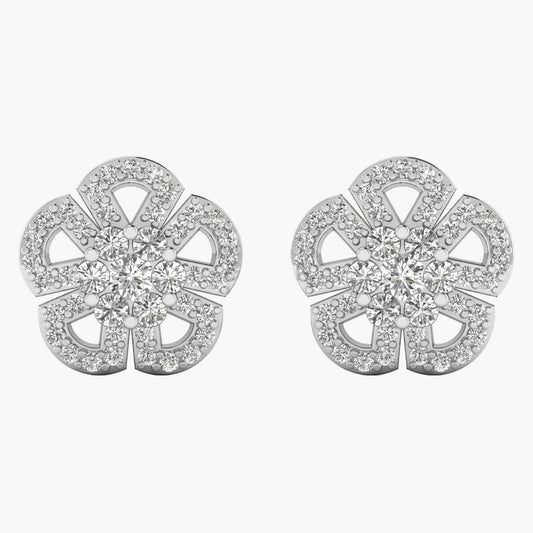 Pair of silver earrings with diamond-like stones on a white background