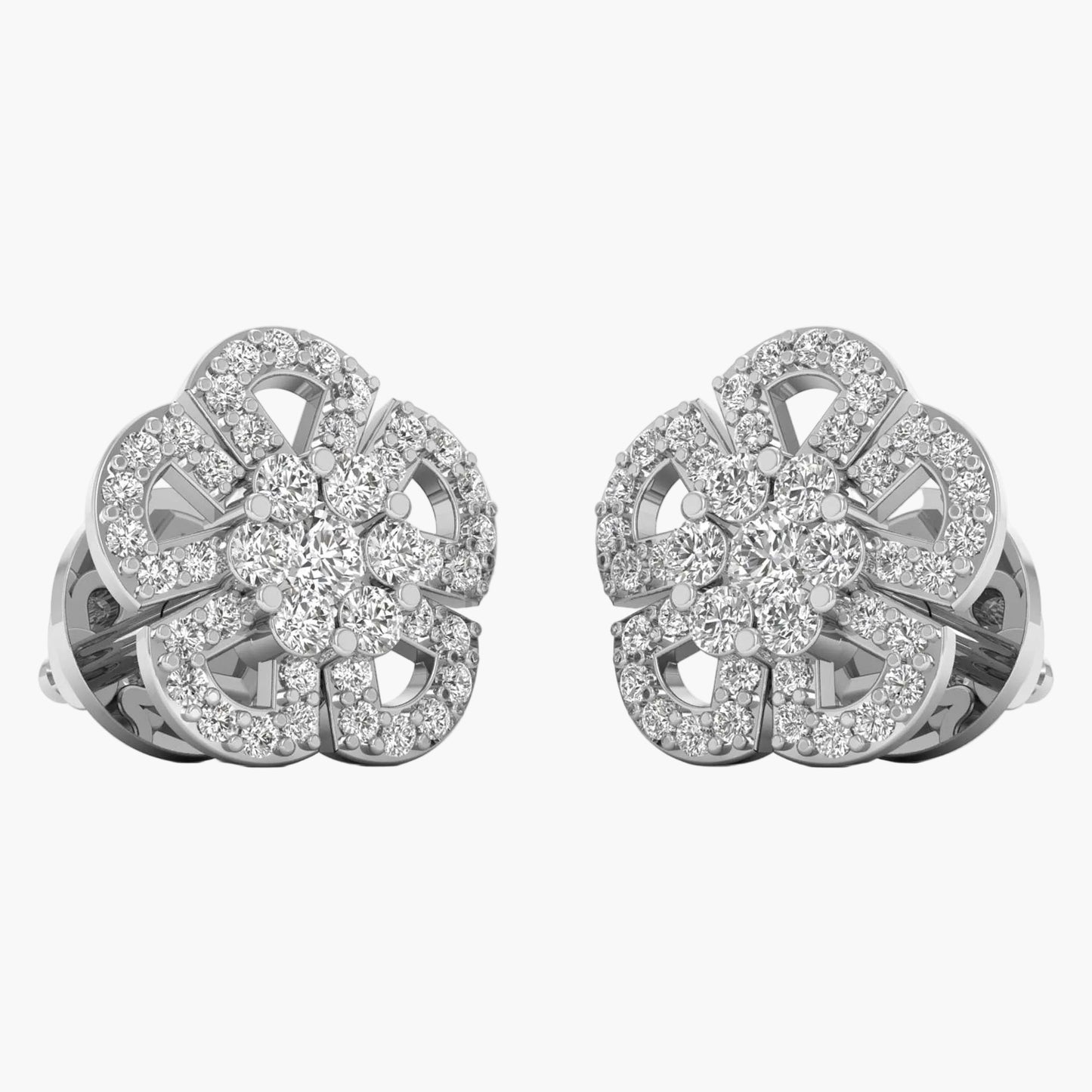 Pair of silver earrings with diamond-like stones on a white background