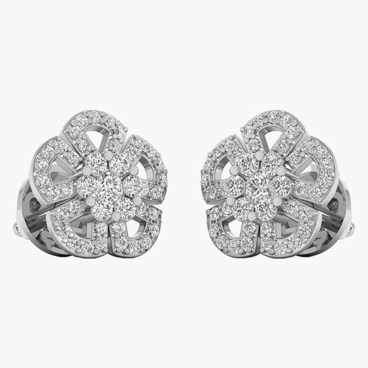 Pair of silver earrings with diamond-like stones on a white background