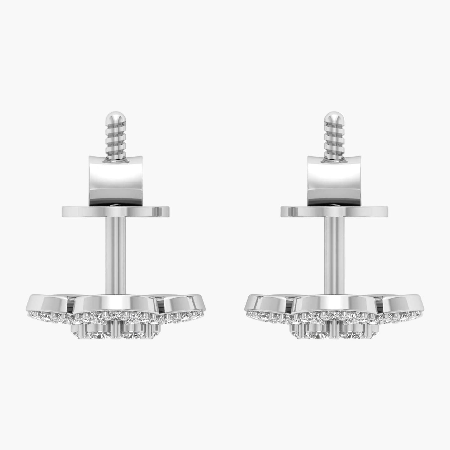 Pair of silver earrings with clear stones on a white background, branded 'Green Lab'.