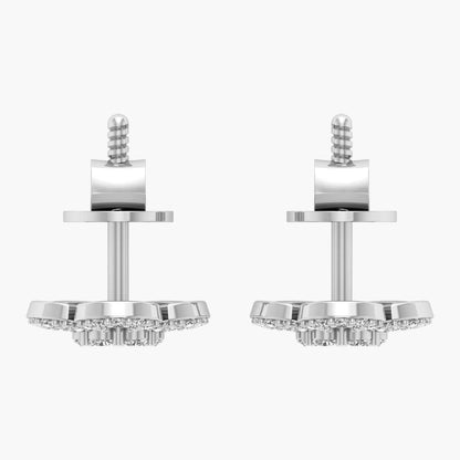 Pair of silver earrings with clear stones on a white background, branded 'Green Lab'.