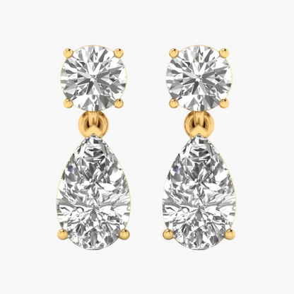 Diamond earrings displayed on a website with a blurred background