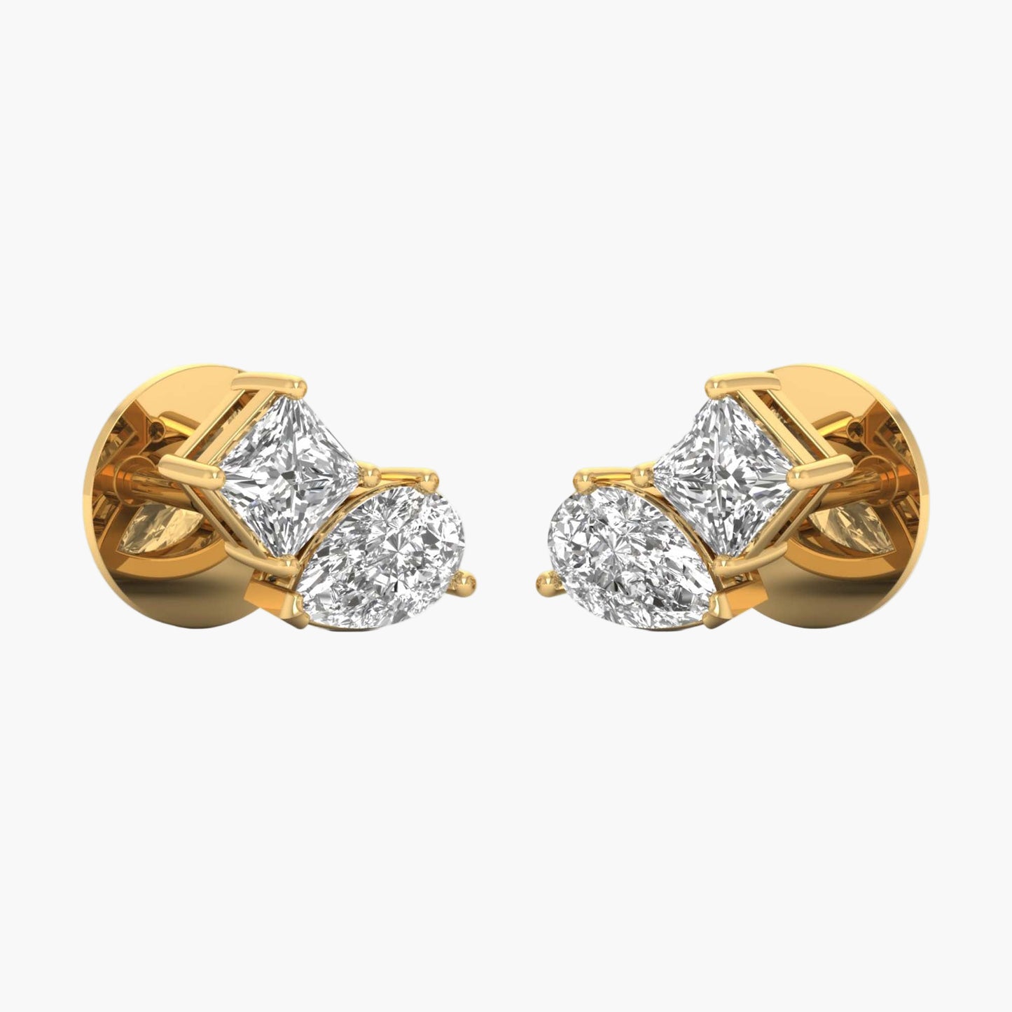 Gold earrings with clear gemstones on a white background