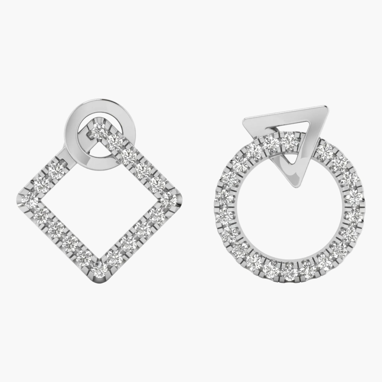 Two silver earrings with diamond accents on a white background