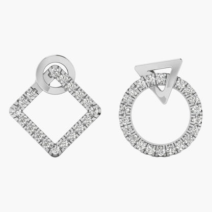 Two silver earrings with diamond accents on a white background