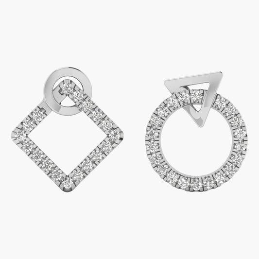 Two silver earrings with diamond accents on a white background
