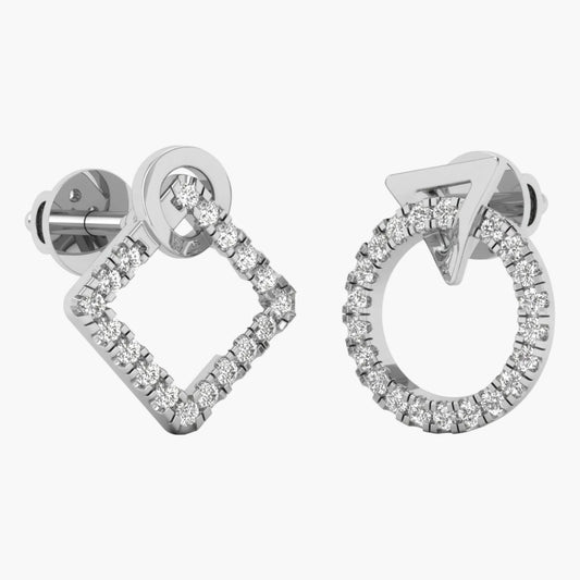 Pair of silver earrings with diamond-like stones on a white background