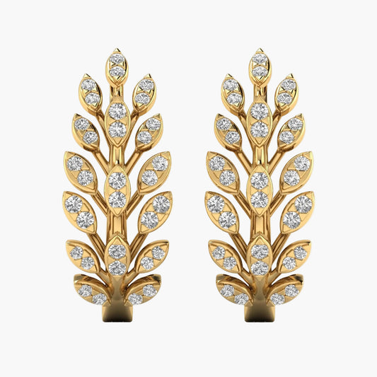 Gold earrings with diamond leaves on a white background