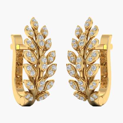 Gold earrings with leaf design and embedded diamonds on a white background