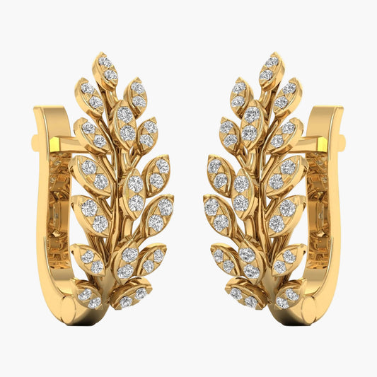 Gold earrings with leaf design and embedded diamonds on a white background