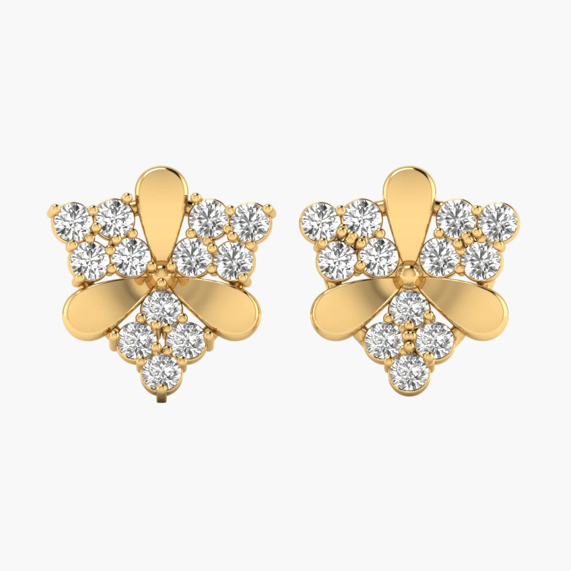 Gold earrings with diamond-like stones on a white background