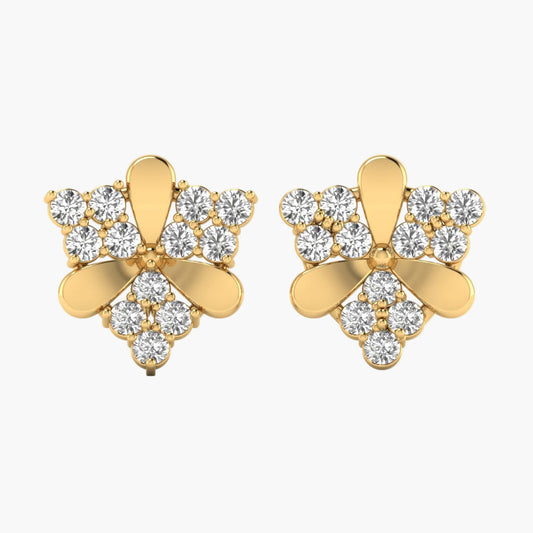 Gold earrings with diamond-like stones on a white background