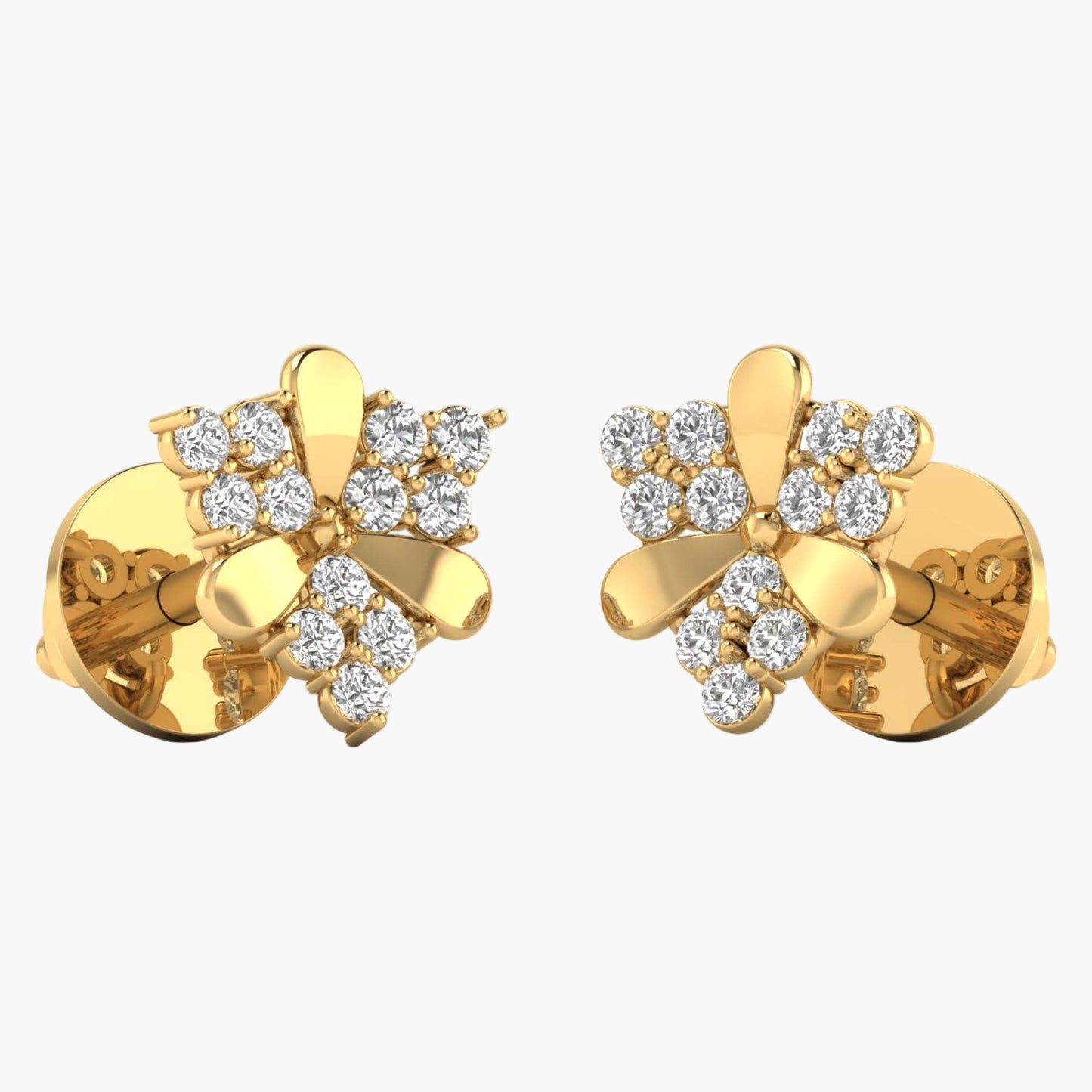 Gold earrings with diamond accents on a white background