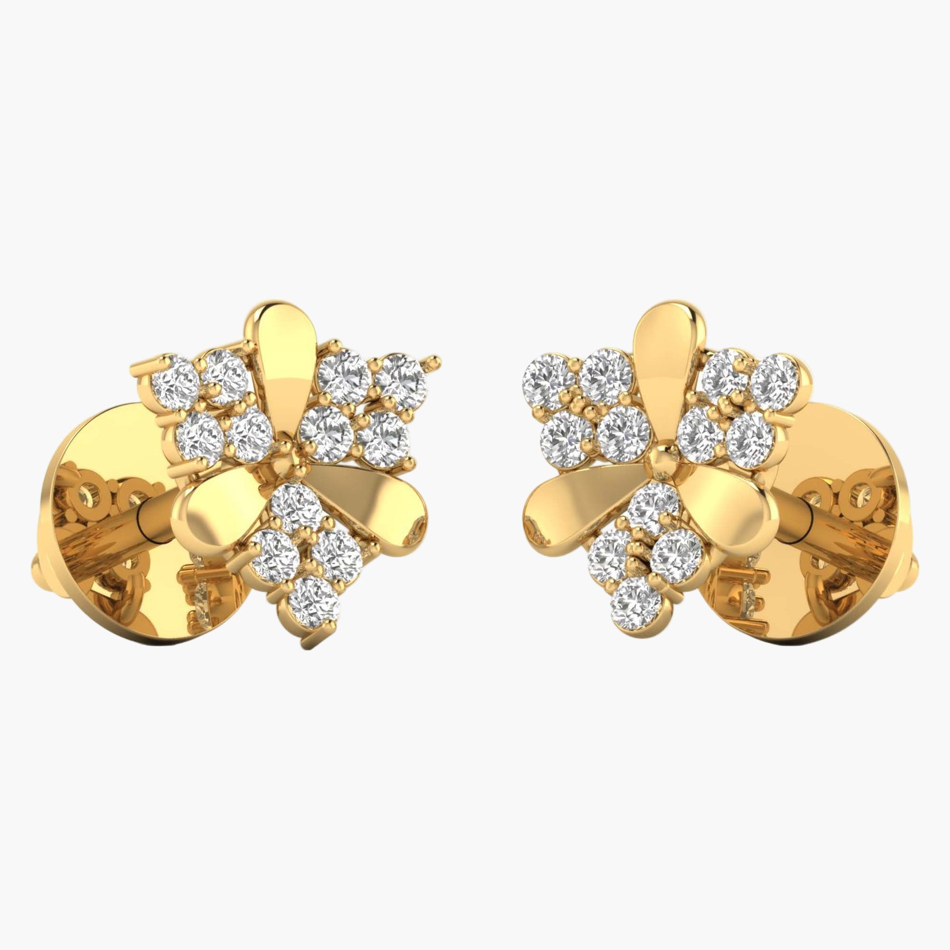 Gold earrings with diamond accents on a white background