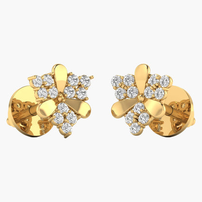 Gold earrings with diamond accents on a white background