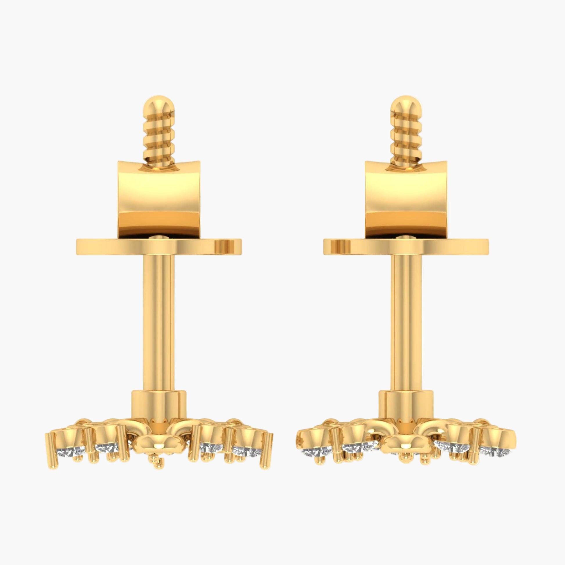 Pair of gold earrings with small diamonds on a white background
