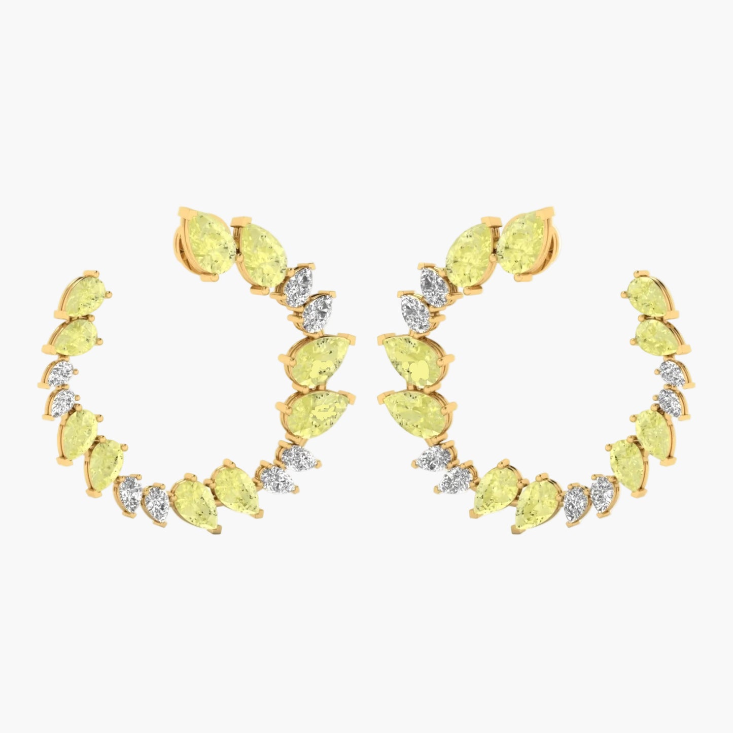 Gold earrings with yellow gemstones on a white background