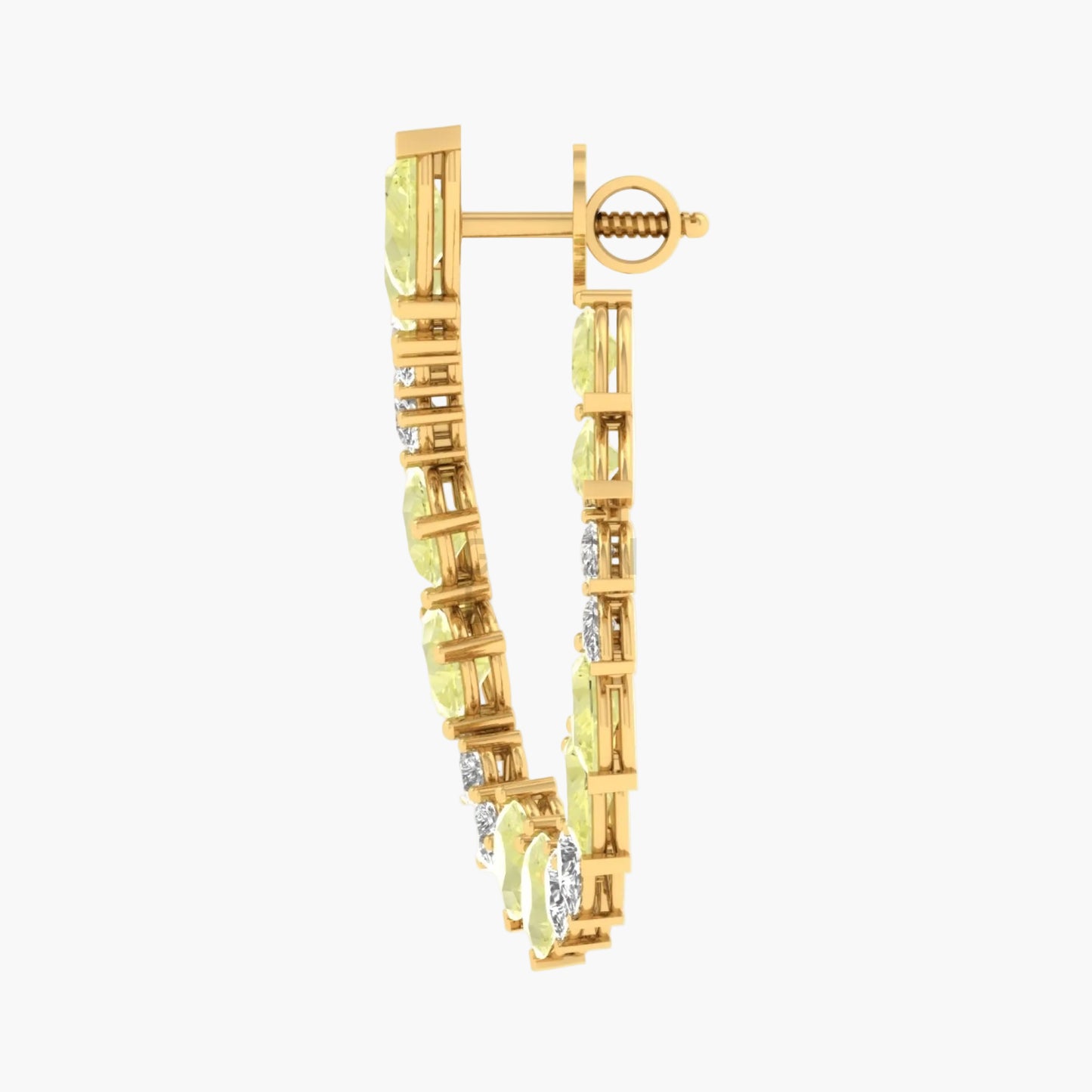 Gold earrings with green gemstones on a white background