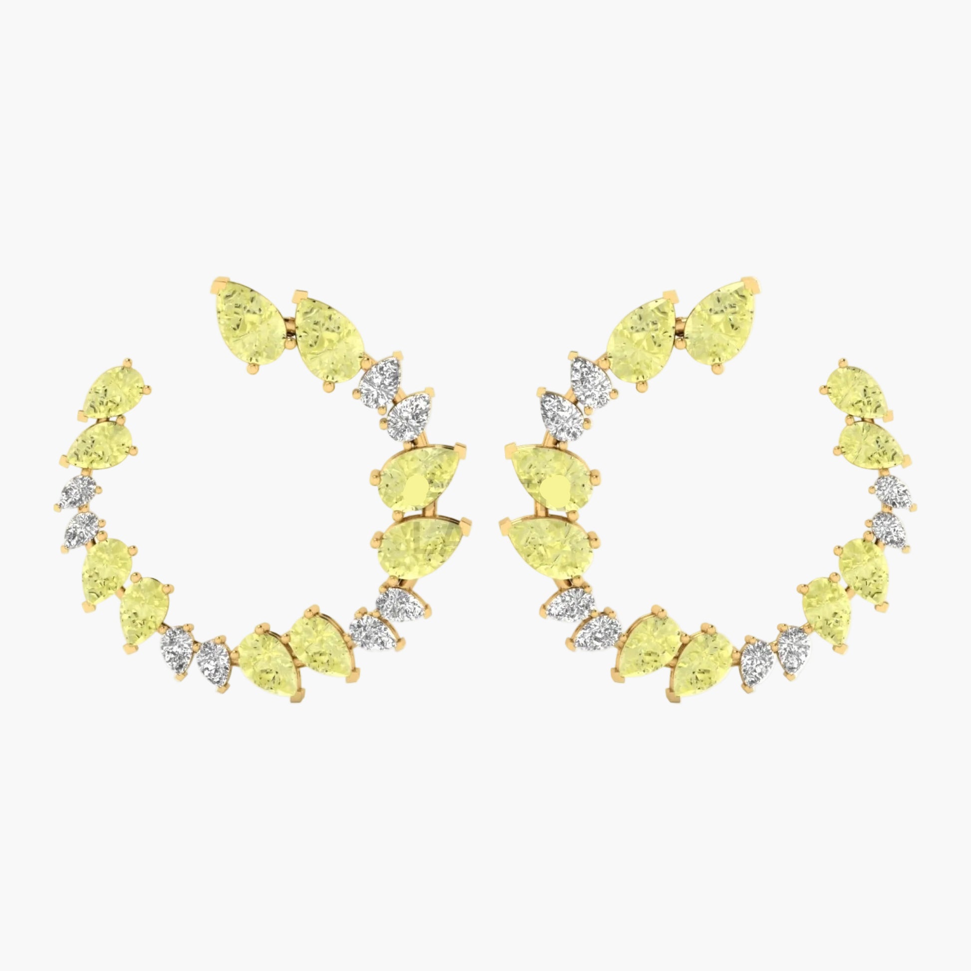 Pair of yellow gemstone hoop earrings on a white background