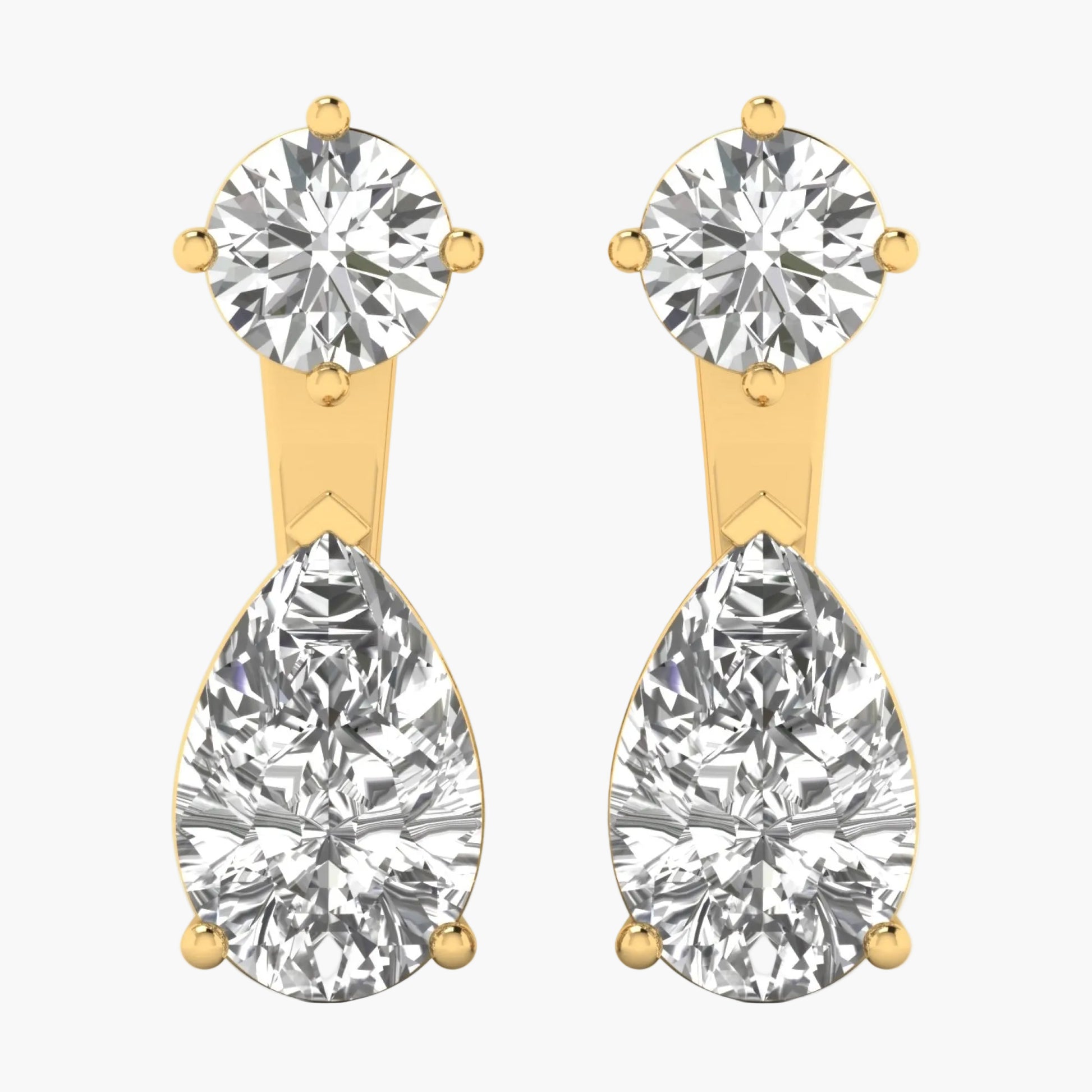 Gold earrings with clear gemstones on a white background, branded 'Green Lab'.