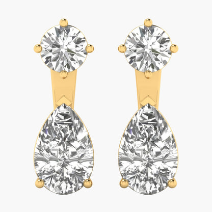Gold earrings with clear gemstones on a white background, branded 'Green Lab'.