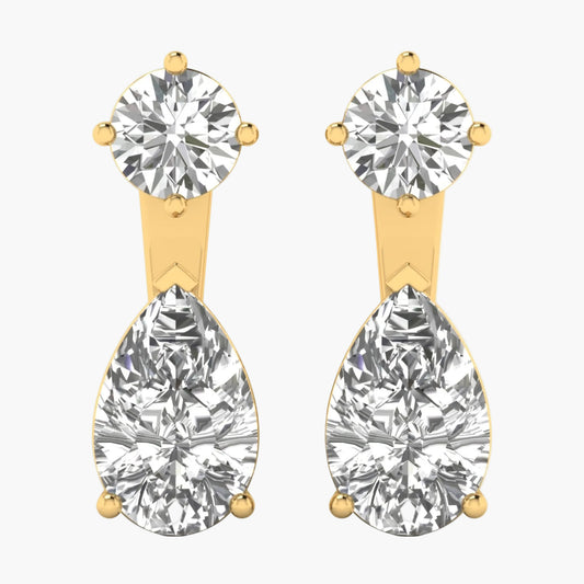 Gold earrings with clear gemstones on a white background, branded 'Green Lab'.
