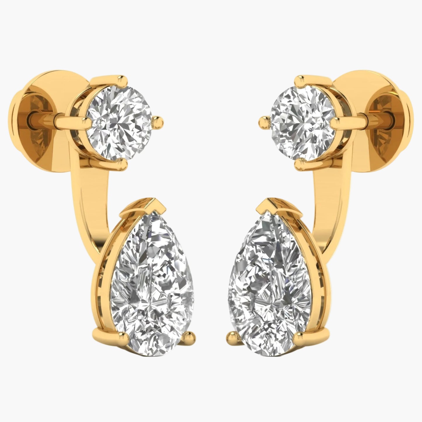 Gold earrings with clear gemstones on a white background, branded 'Green Lab'.