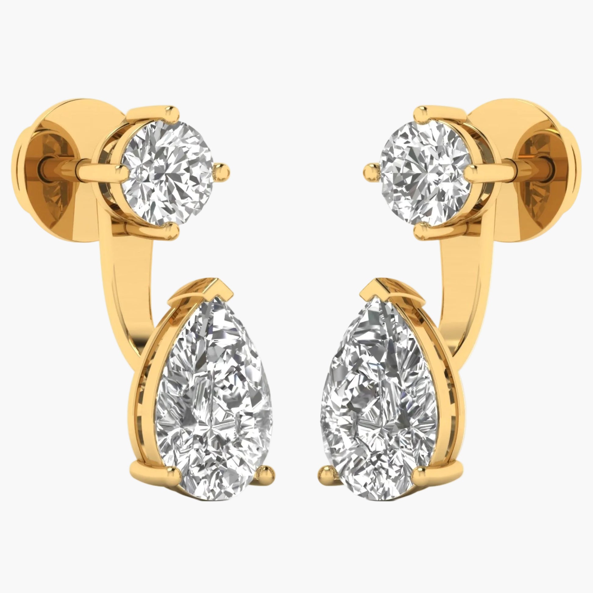 Gold earrings with clear gemstones on a white background, branded 'Green Lab'.