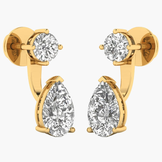 Gold earrings with clear gemstones on a white background, branded 'Green Lab'.