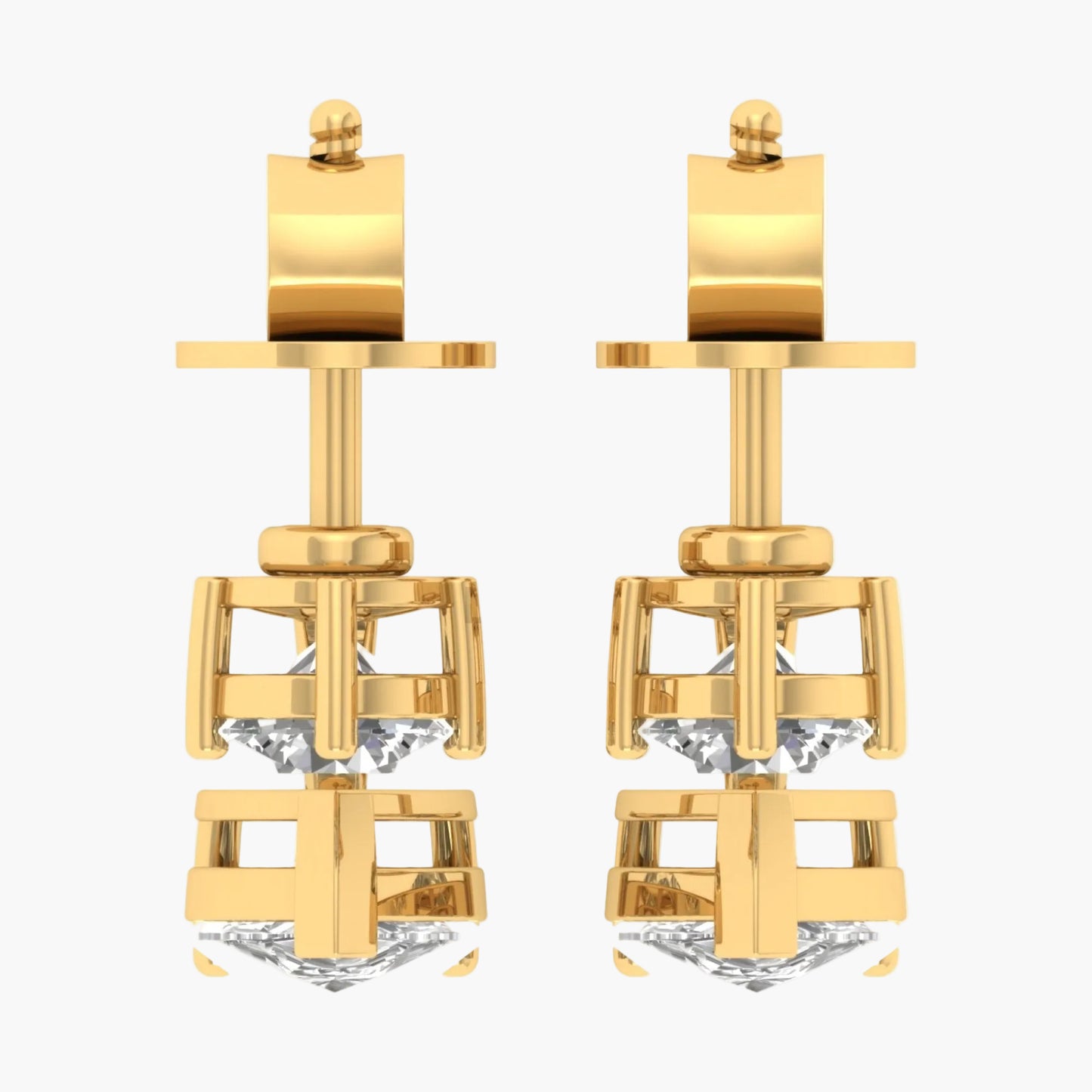Gold earrings with diamond-like stones on a white background