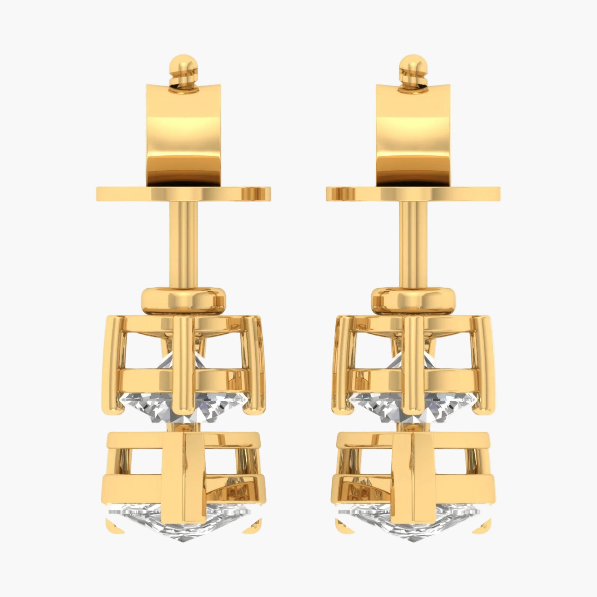Gold earrings with diamond-like stones on a white background