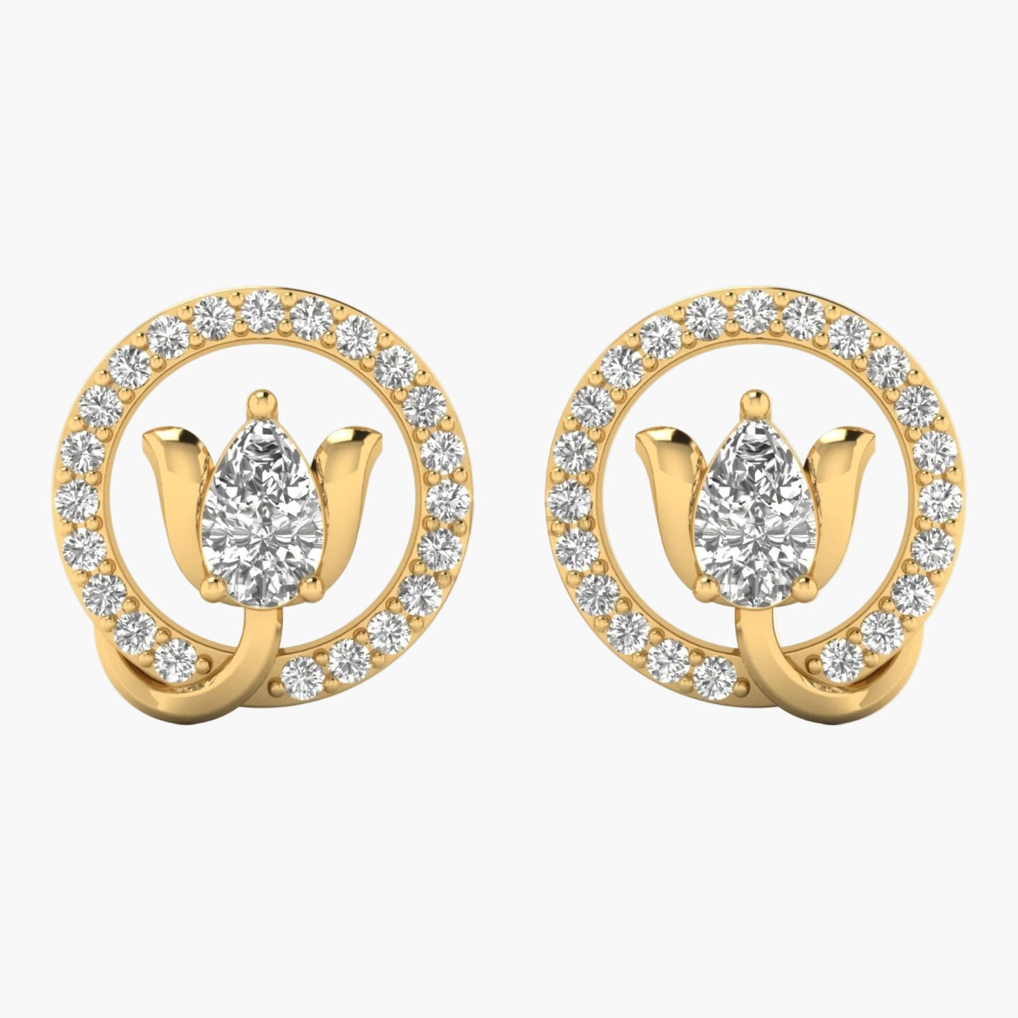 Gold earrings with diamond accents on a white background