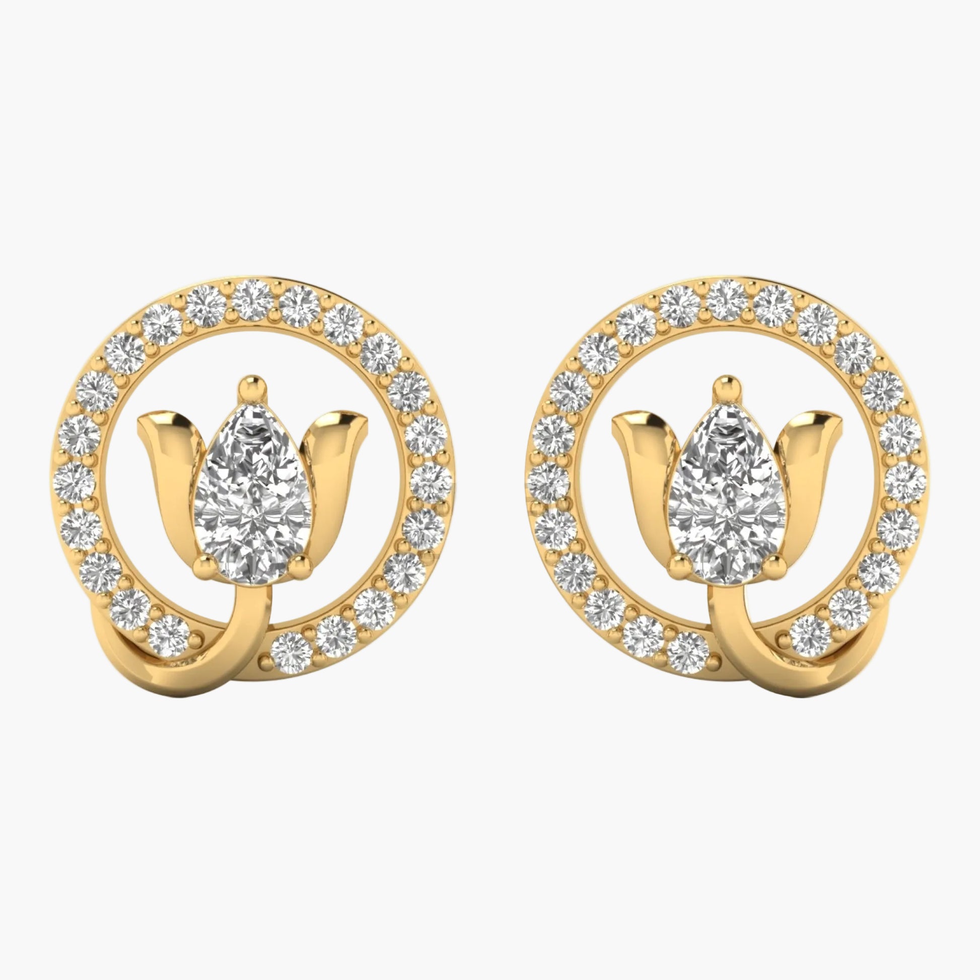 Gold earrings with diamond accents on a white background