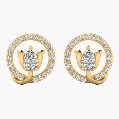 Gold earrings with diamond accents on a white background