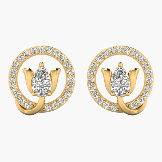 Gold earrings with diamond accents on a white background