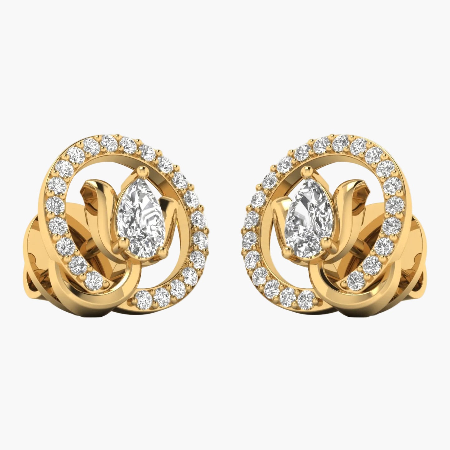Gold earrings with diamond accents on a white background
