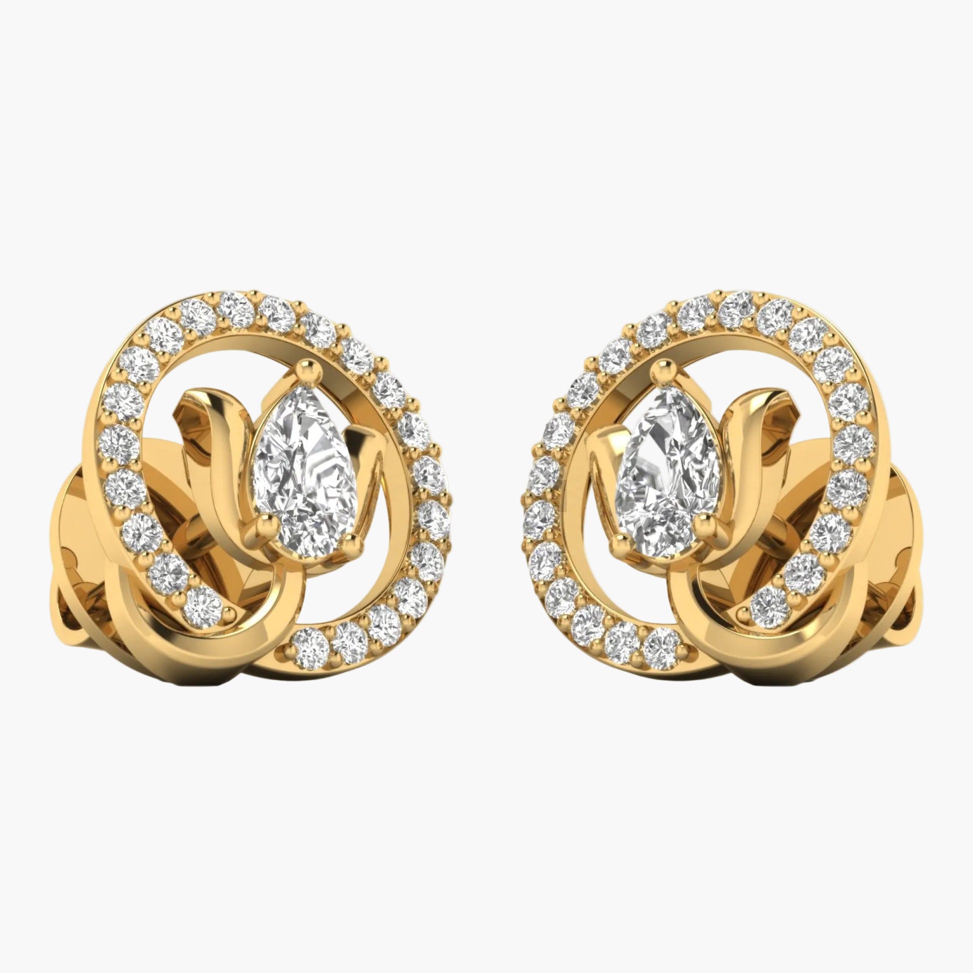 Gold earrings with diamond accents on a white background