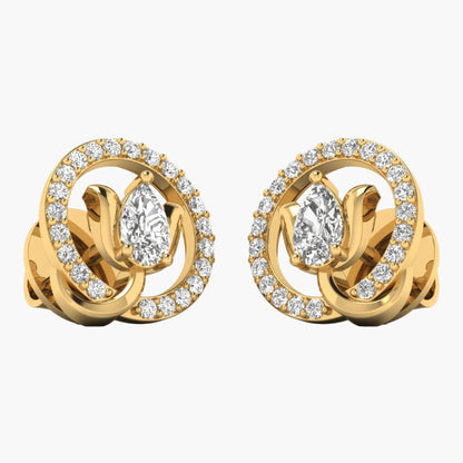 Gold earrings with diamond accents on a white background