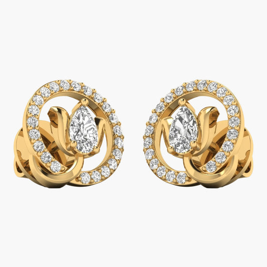 Gold earrings with diamond accents on a white background